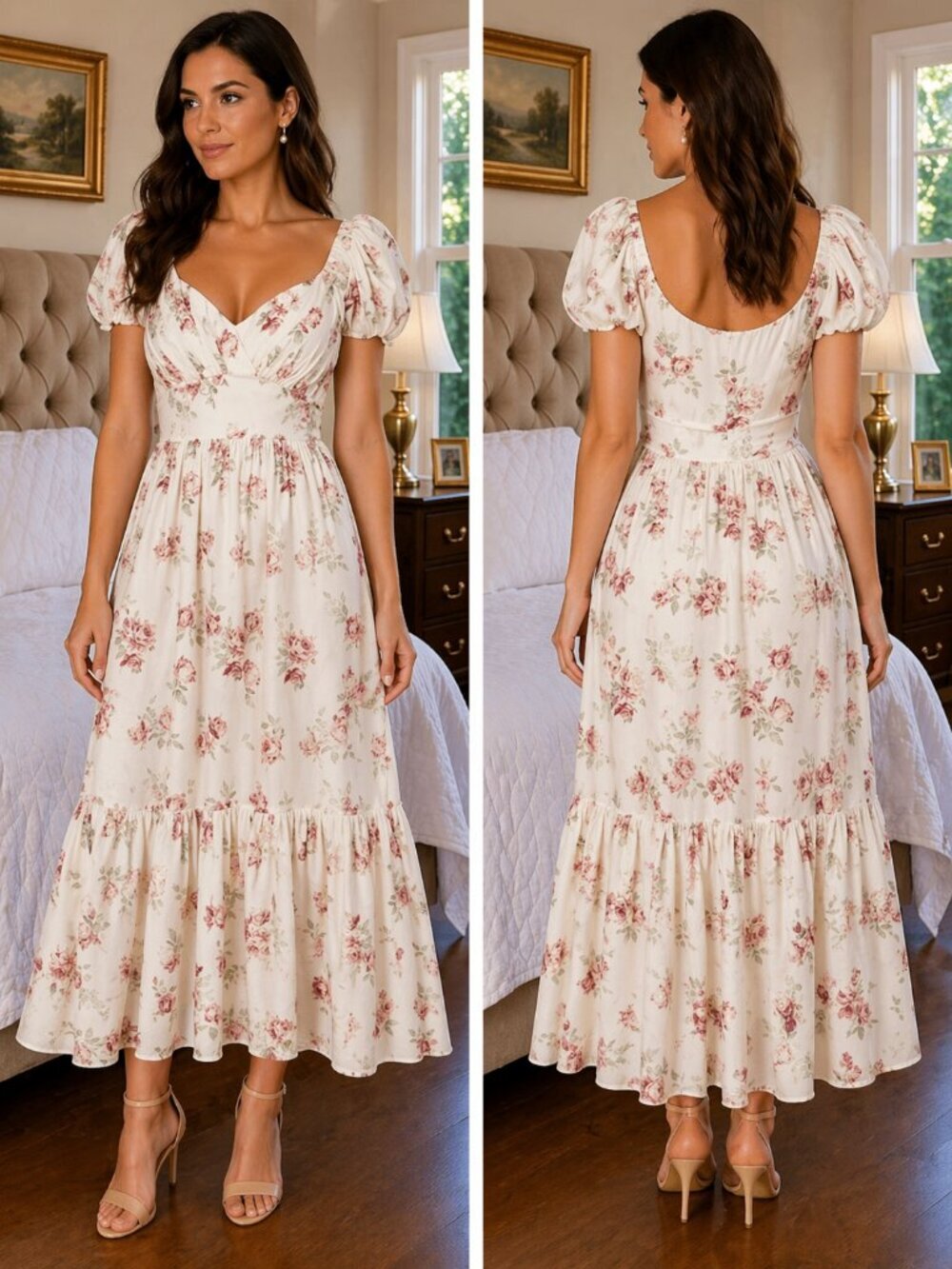 LoveShackFancy Angie Puff Sleeve Cream Floral Maxi Dress $495